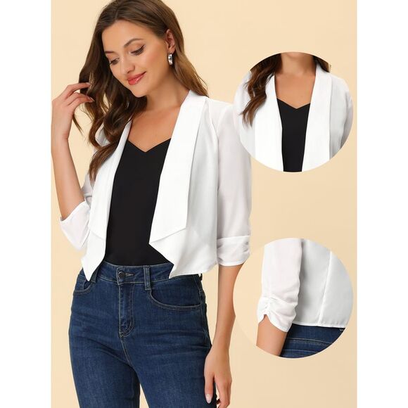 Summer Chiffon Bolero Shrug Blazer 3/4 Ruched Sleeve Open Front Cardigans White - Picture 2 of 6